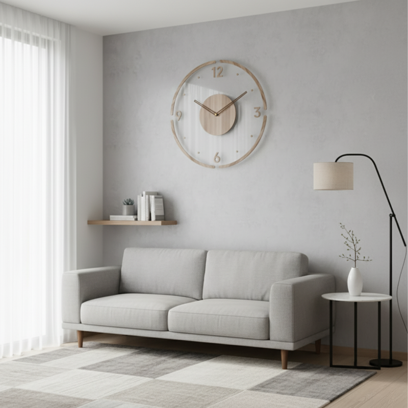 Nock silent wall clock front view, silent design wall clock in wood and acrylic
