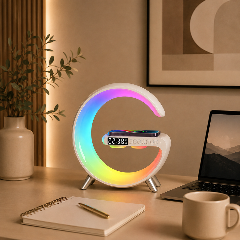 3-in-1 Bluetooth alarm clock on a desk, G shaped RGB lamp with digital clock and wireless charging pad