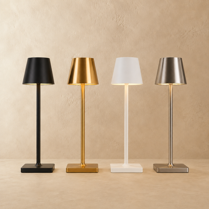 Four modern table lamps with tapered shades and square bases are lined up against a textured beige wall and floor. The lamps are shown in black, gold, white, and brushed silver finishes.