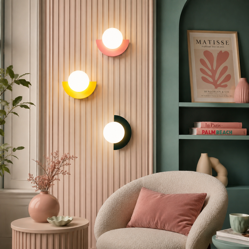 Aurora half moon wall lights in pink, yellow and black, arranged on a living room wall
