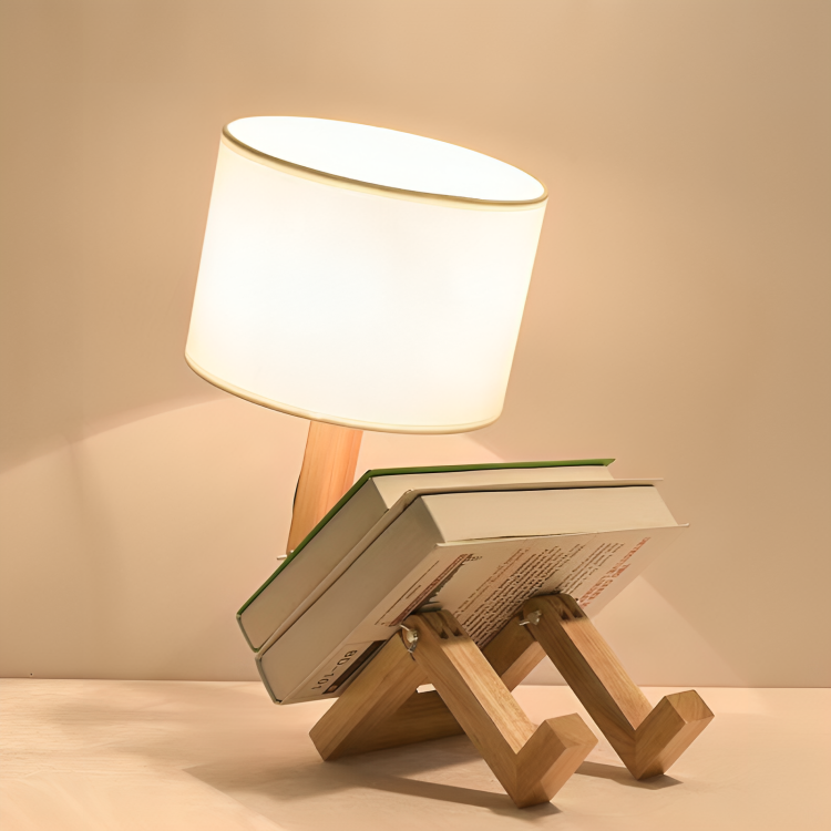 Reading lamp with wooden shelf, white Scandi table lamp dimmable in a modern living room