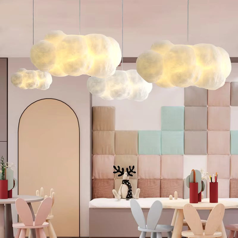 Nimbus cloud pendant light switched on, modern white pendant light warm glow