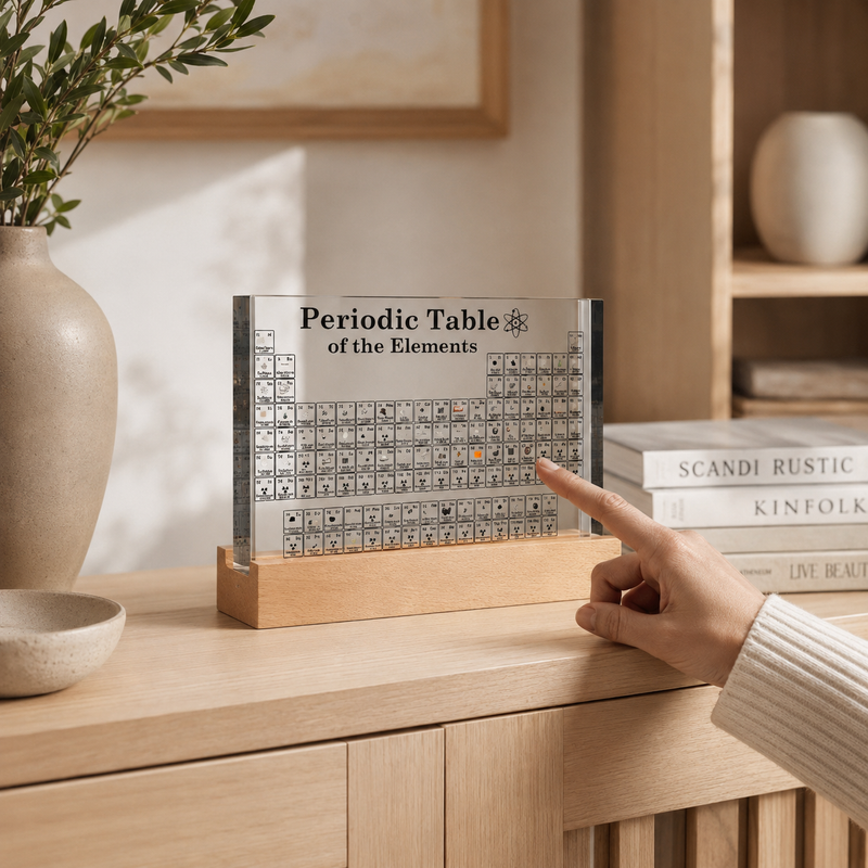 Periodic table element display on a sideboard, with a hand pointing at one of the elements
