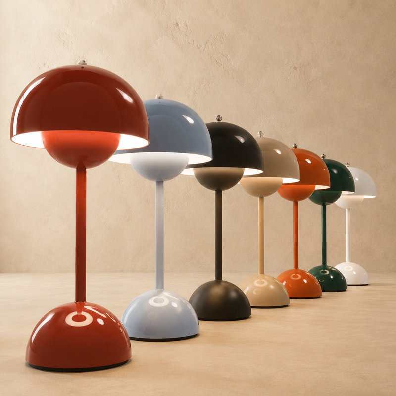 A row of modern mushroom-shaped table lamps in assorted colors, including red, light blue, black, beige, orange, green, and white, arranged diagonally on a light wood surface against a textured beige wall.