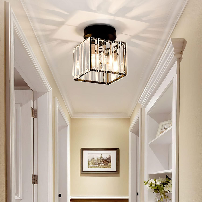 Square Flush Ceiling Light close-up detail of black square frame and decorative crystal glass inset black square ceiling light