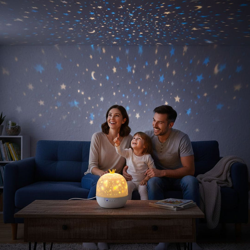 Kids star projector night light 2-in-1 overview of the different light modes and colour options