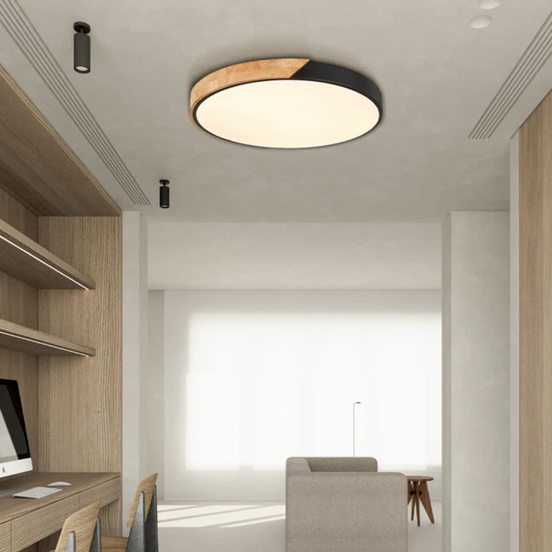 Delos wooden ceiling light top view, round form, LED ceiling light in wood finish