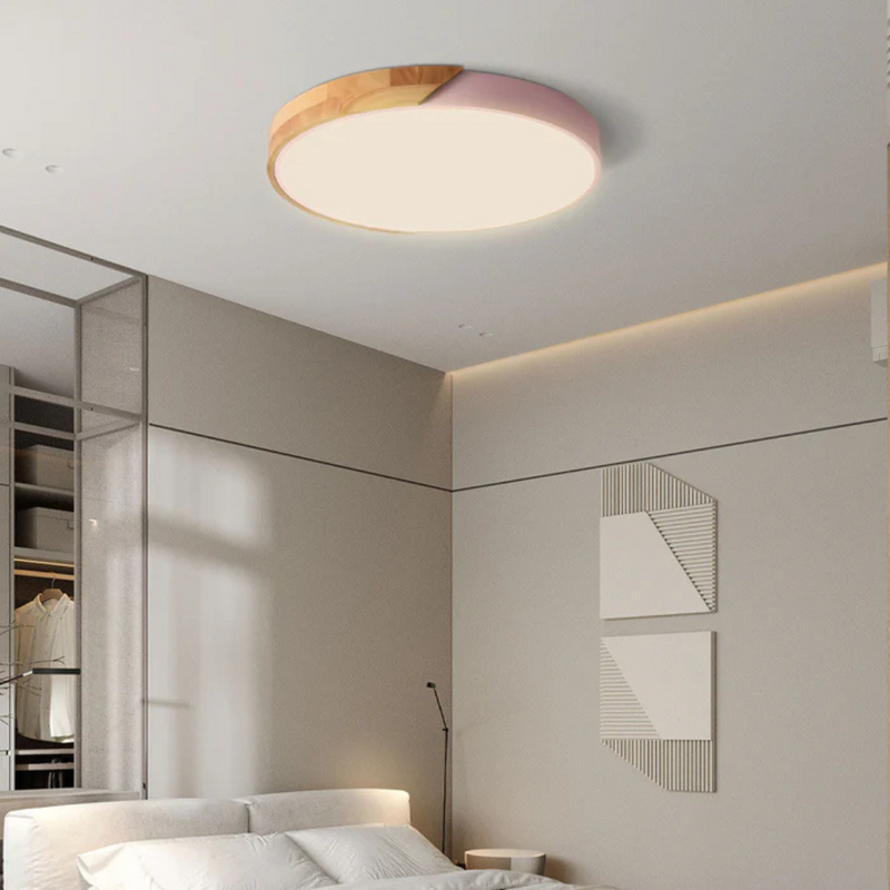 Delos wooden ceiling light mounted on a living room ceiling, Scandinavian home lighting