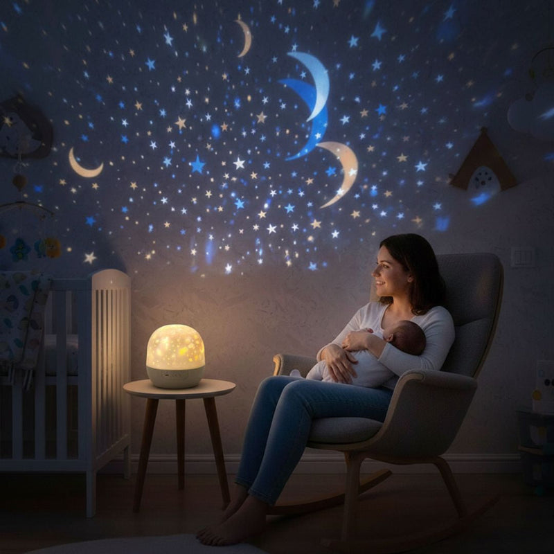 Kids star projector night light 2-in-1 detail of the device with glowing stars