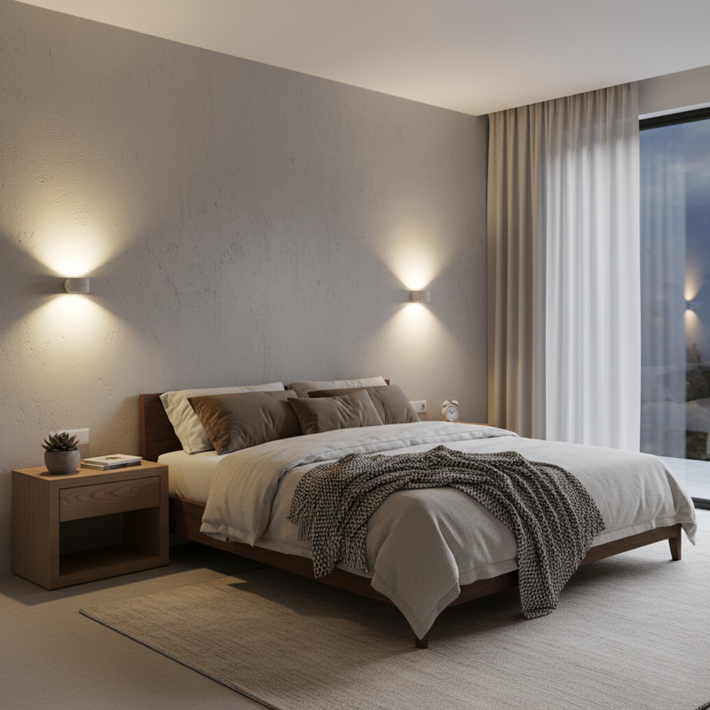 AuraBeam Double Sided Beam Table Lamp illuminated on a desk showing dual beam glow contemporary table lamp uk