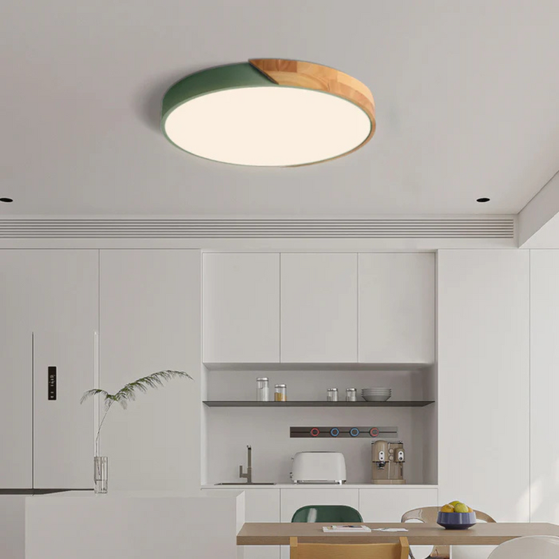Delos wooden ceiling light side profile view, warm white LED ceiling lamp