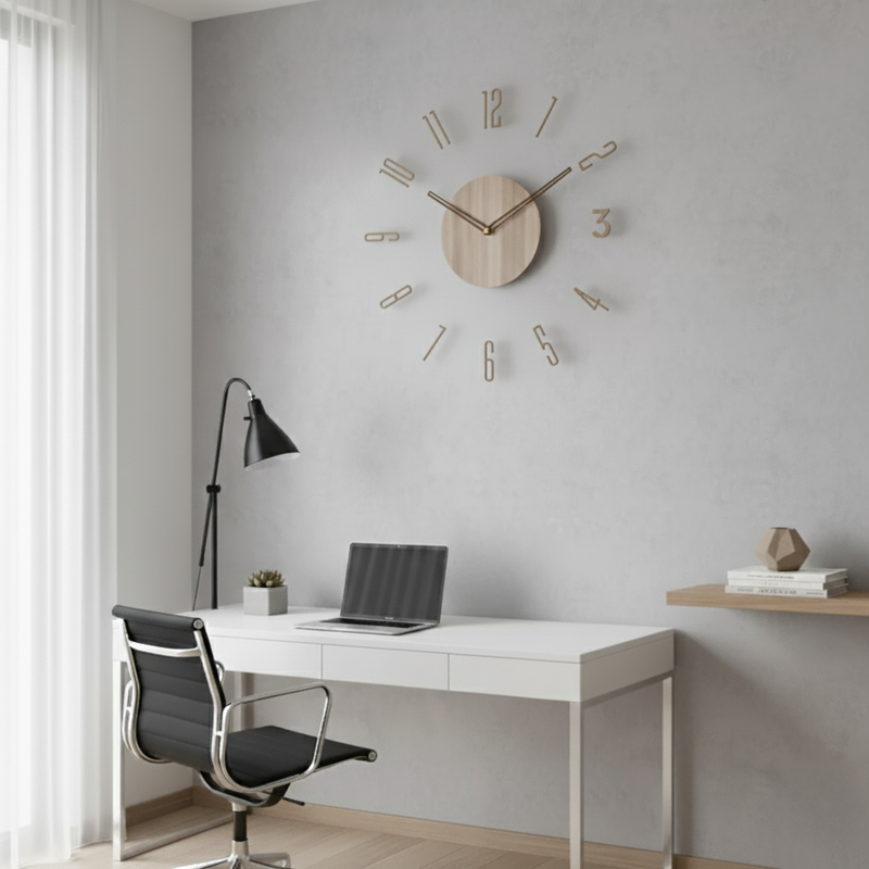Nock silent wall clock mounted on a wall in a modern living room, design wall clock