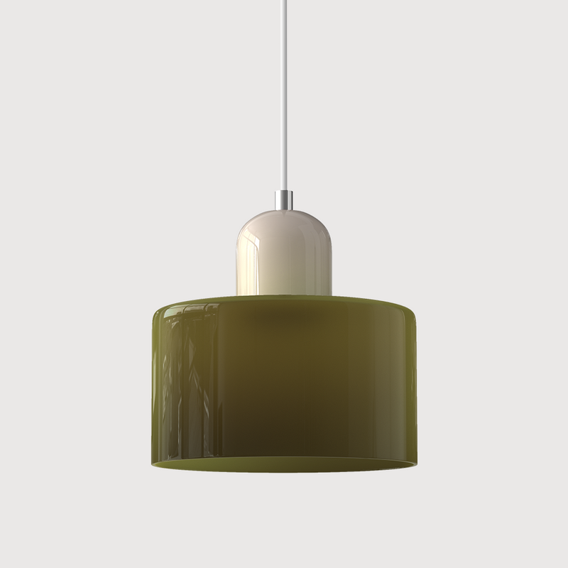 Bauhaus Glass Pendant Light | Geometric Minimalist Art Deco Style Ceiling Fitting switched on with a warm glow glass pendant ceiling light