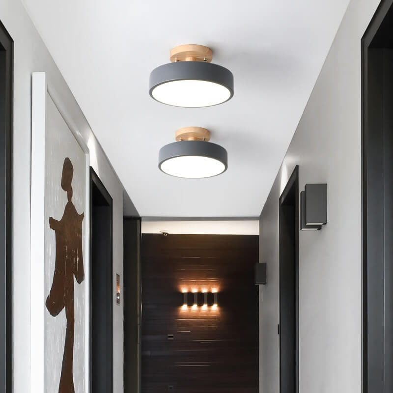Nordic Round Wood Ceiling Light | Scandinavian LED Minimalist Design switched on with a warm glow scandinavian pendant light