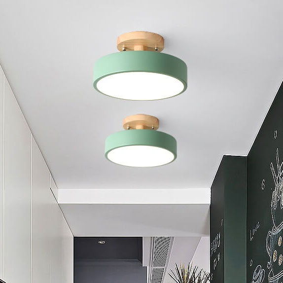 Nordic Round Wood Ceiling Light front view showcasing circular wooden frame and warm LED glow scandinavian pendant light