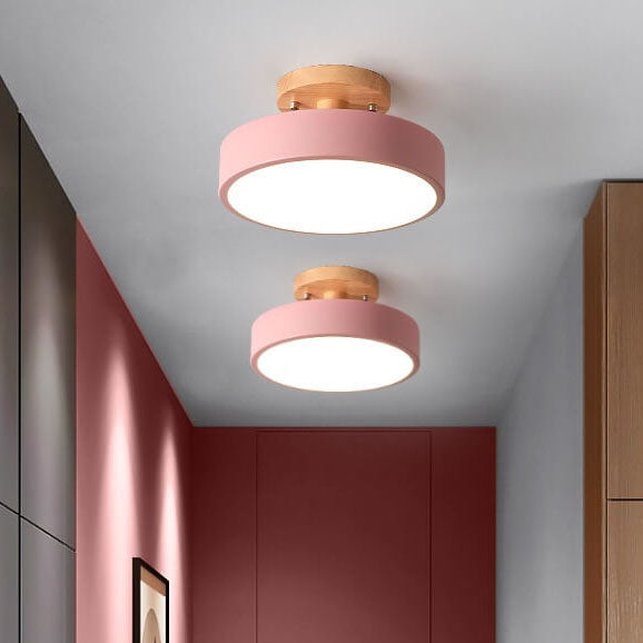 Nordic Round Wood Ceiling Light angled perspective highlighting natural wood grain texture minimalist nordic pendant light