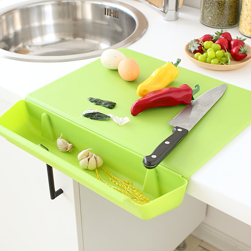 2-in-1 Chopping Board with Storage Box portable design shown assembled and ready for use on a kitchen worktop 2 in 1 chopping board with container