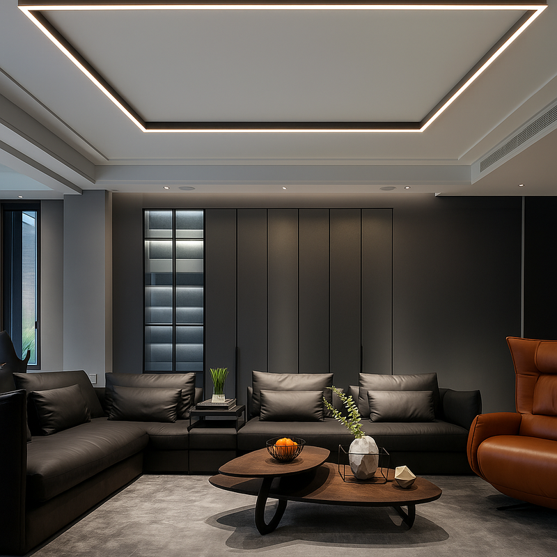 ScandiGlow Ceiling Light illuminated in a modern living room with warm LED glow led flush ceiling light