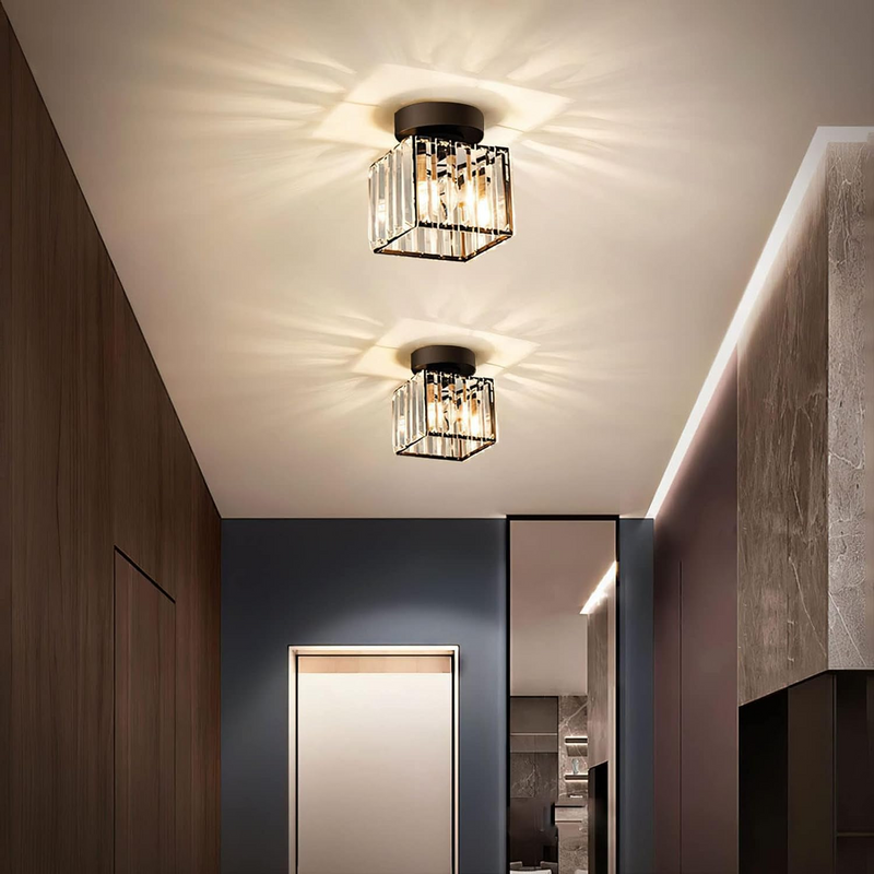 Square Flush Ceiling Light overhead perspective demonstrating 17cm square form and crystal glass surface square ceiling light fitting