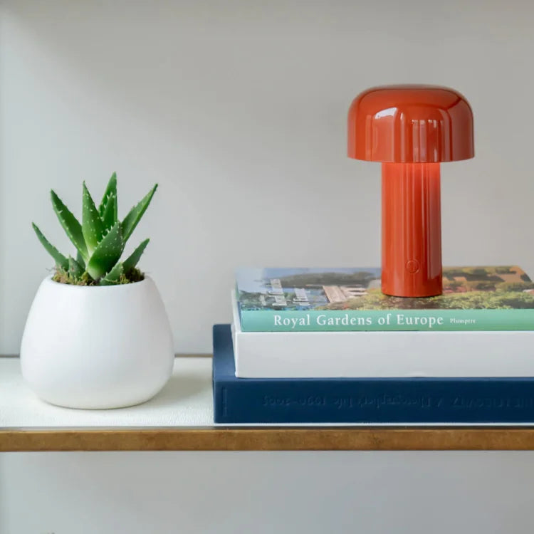 Agari mushroom table lamp, cordless dimmable LED touch light, on a bedside table