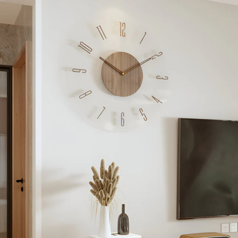 Nock silent wall clock side view of the material detail, wood and acrylic wall clock