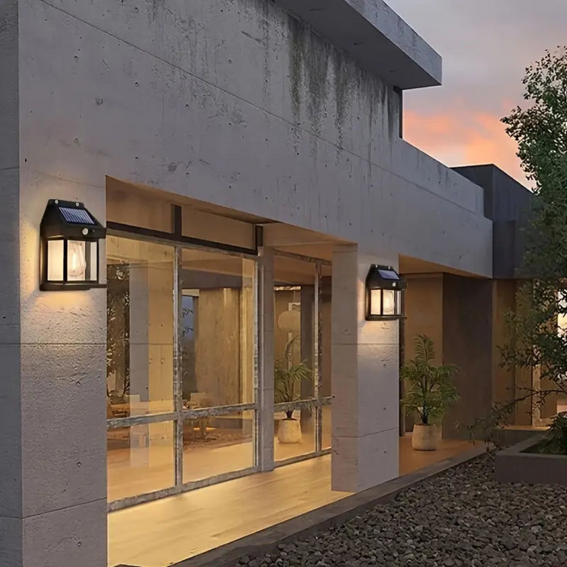 Solaréa outdoor light lit with activated motion sensor, bright LED outdoor light