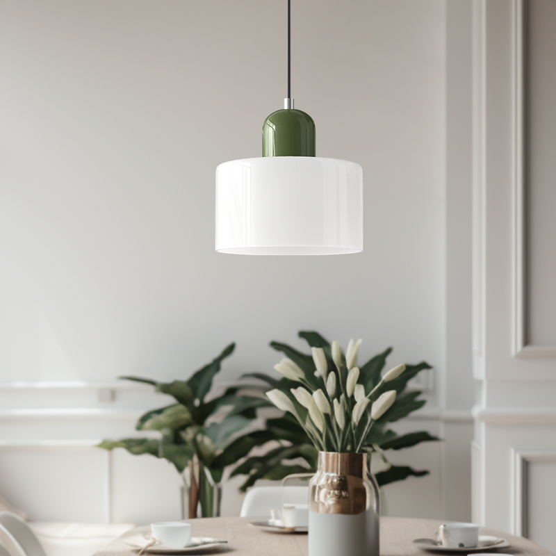 Bauhaus Glass Pendant Light | Geometric Minimalist Art Deco Style Ceiling Fitting switched on with a warm glow glass pendant ceiling light