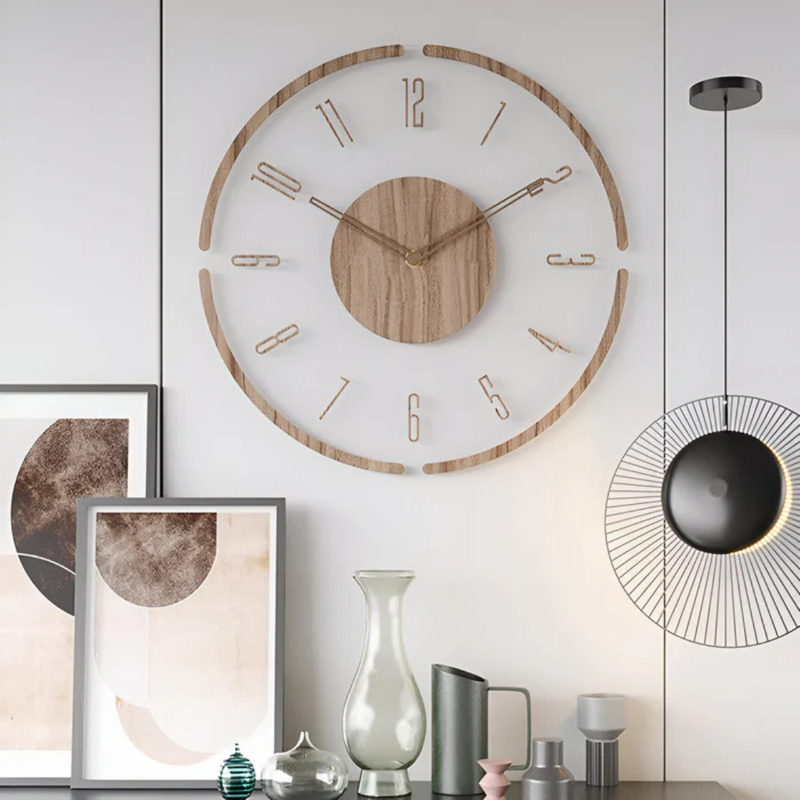 Nock silent wall clock detail of the dial, silent wooden wall clock