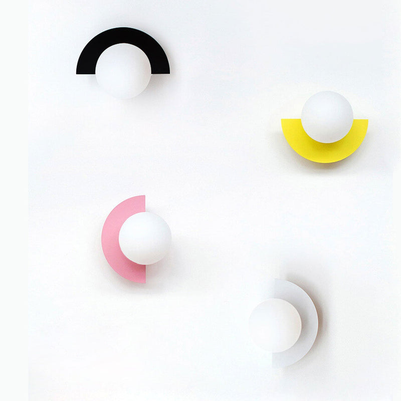 Aurora half moon wall light product overview showing colour options, coloured glass indoor