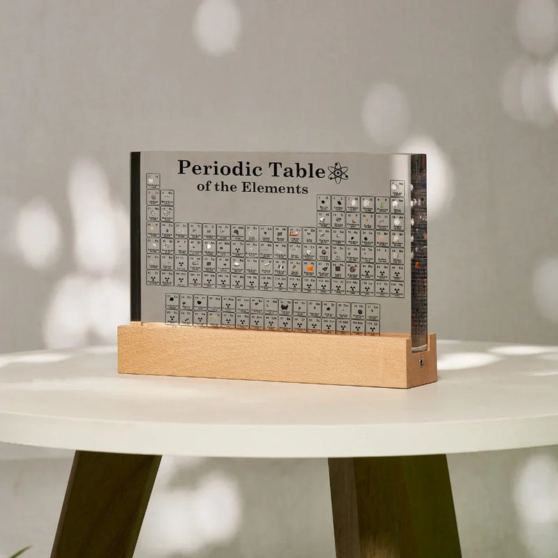 Periodic Table Element Display Lamp glowing blue LED light casting warm ambient glow in dark room periodic table wall light