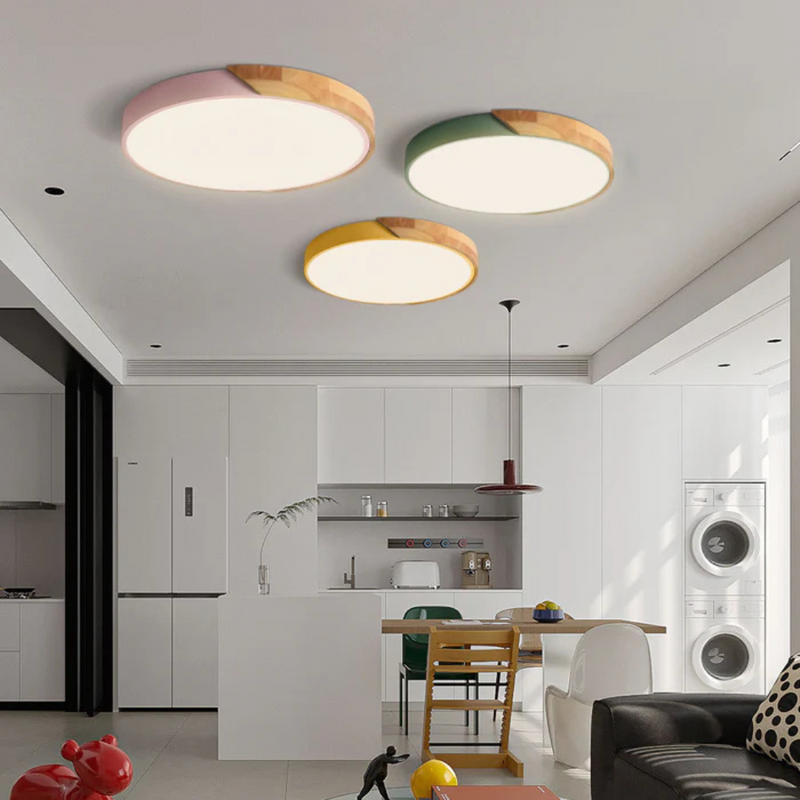 Delos wooden ceiling light viewed from below, Scandinavian LED ceiling lamp