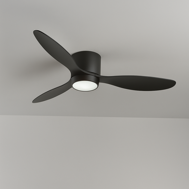BreezeFlow Ceiling Fan with Light illuminated LED light glowing at full brightness in a bedroom setting ceiling fan with built in light