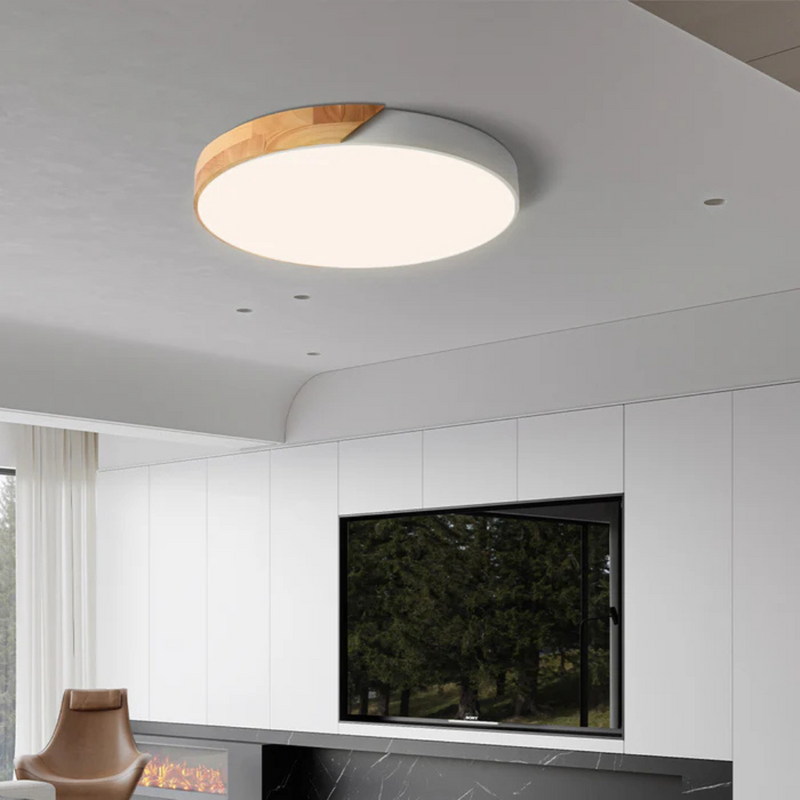 Delos wooden ceiling light switched on, warm white light, dimmable ceiling lamp