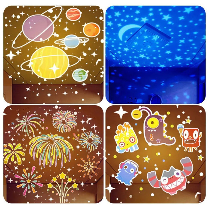 Kids star projector night light 2-in-1 close-up of the projection with coloured lights