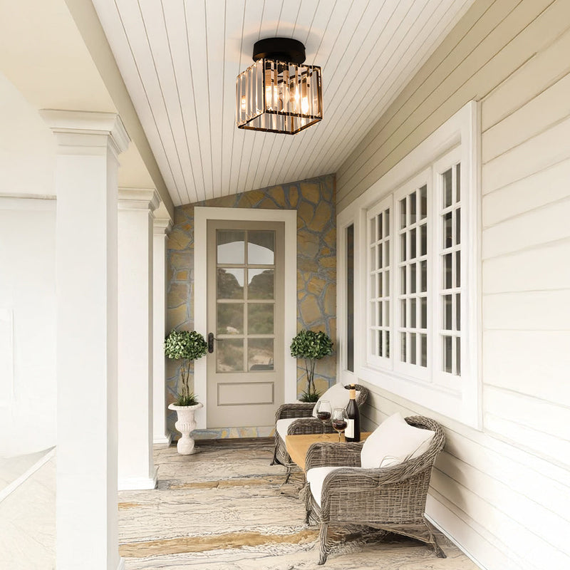 Square Flush Ceiling Light illuminated showing warm ambient glow through crystal glass panel flush ceiling light modern