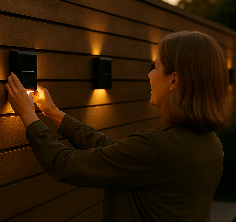 SolarFlare wall light glowing at dusk, solar garden lamp