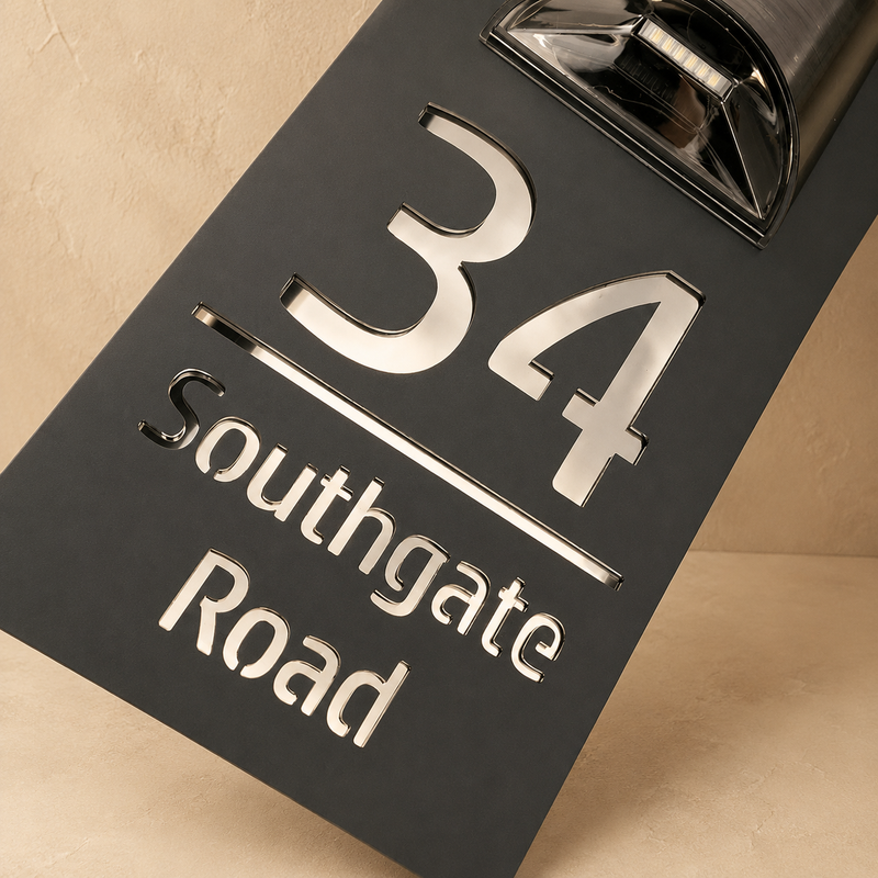 LichtHaus Solar House Number Sign | Illuminated Laser-Engraved Plaque
