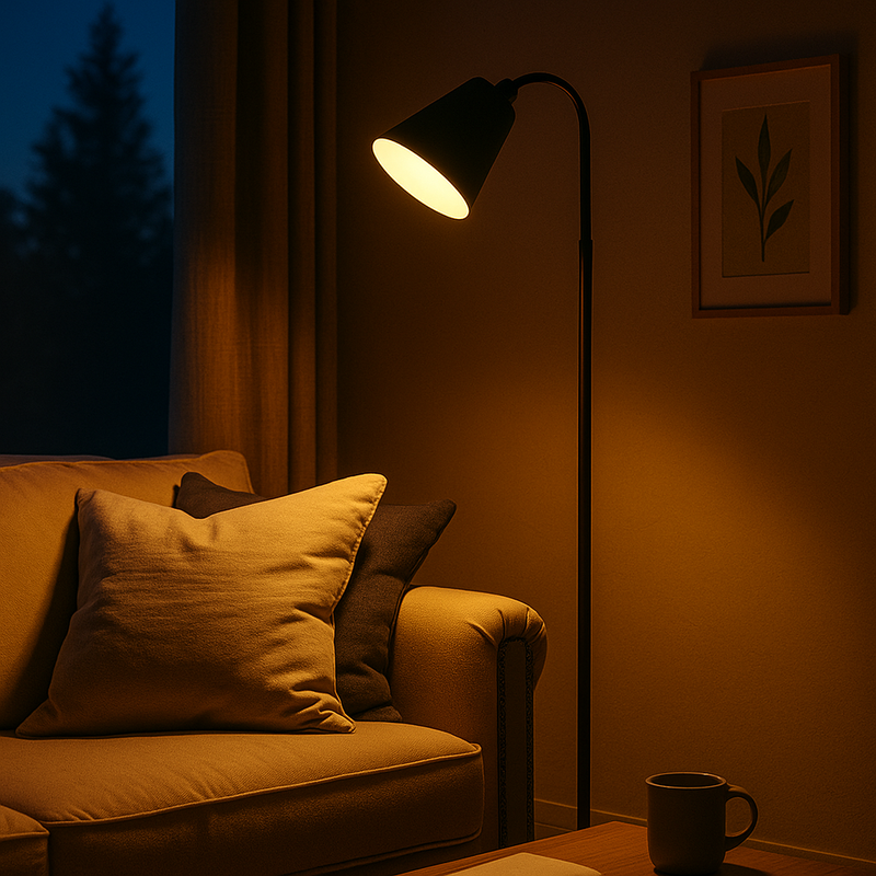 Scandinavian floor lamp slim metal stand with warm light in the living area