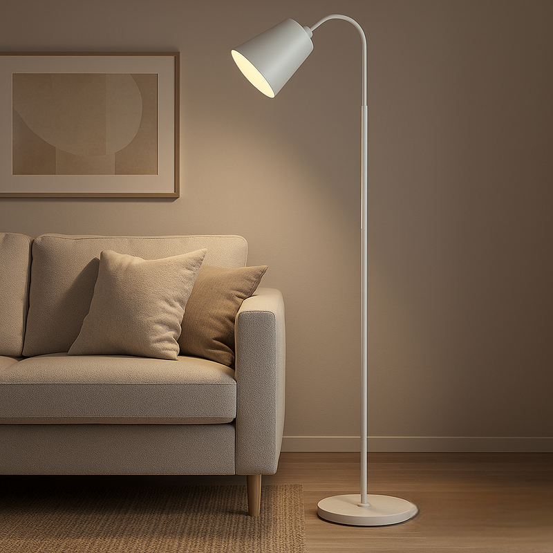 Scandinavian floor lamp detail of the metal build, minimalist design