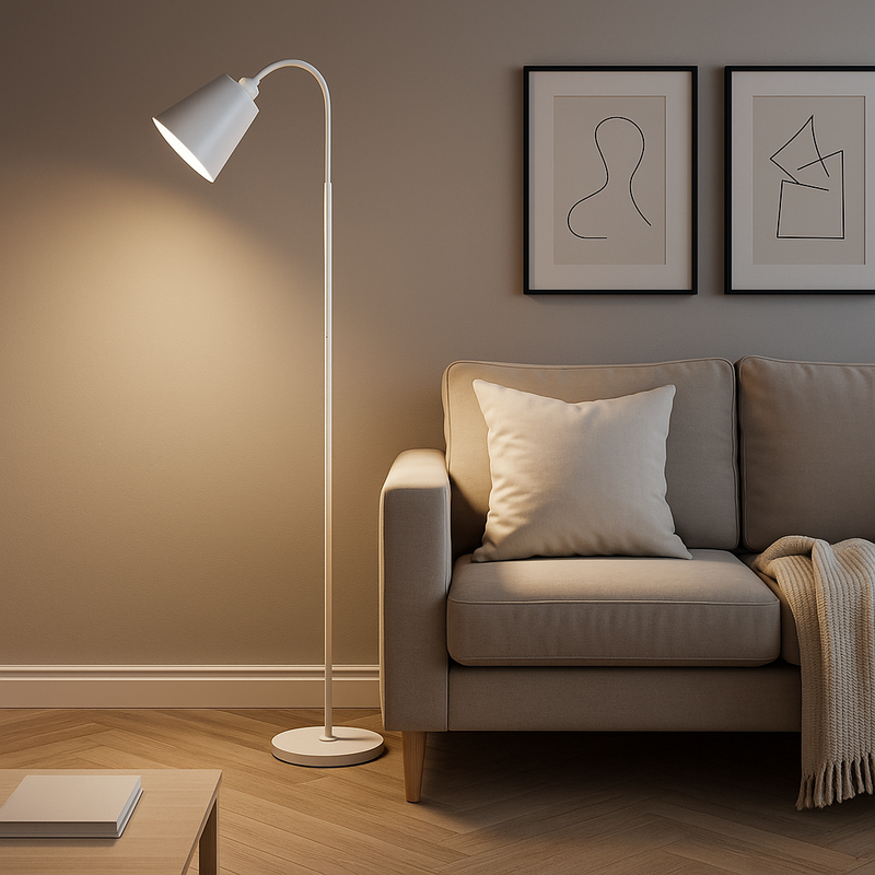 Scandinavian floor lamp side view, understated Nordic floor lamp design
