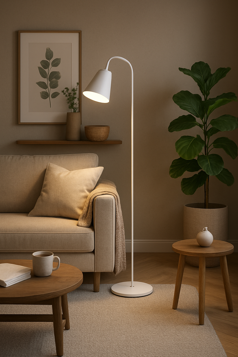 Scandinavian floor lamp in a living room corner, elegant metal lamp, Nordic style