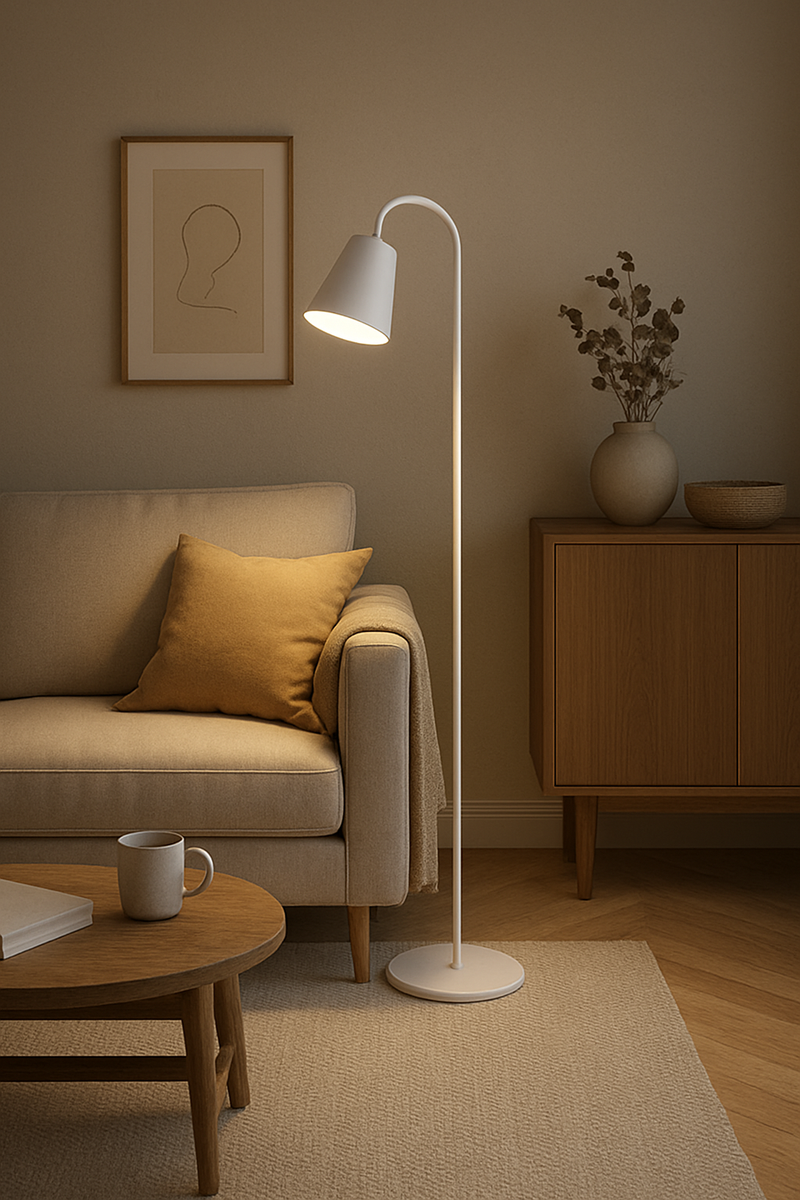 Scandinavian floor lamp full view, modern minimalist metal living room lamp