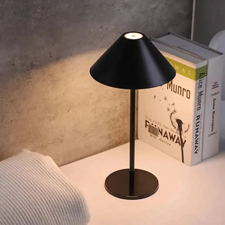 Cordless touch table lamp lit on a patio outdoors