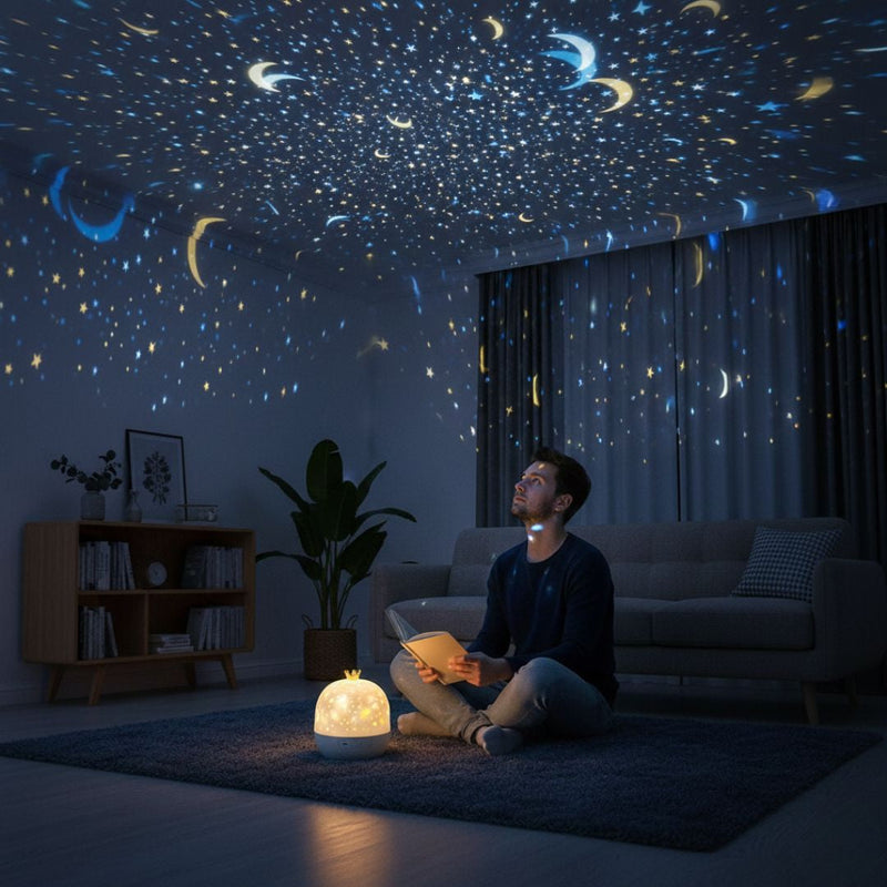 Kids star projector night light 2-in-1 front view of the projector with LED lighting
