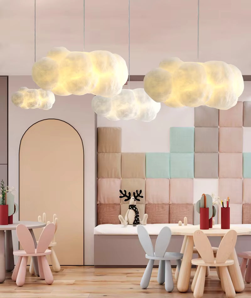 Nimbus cloud pendant light switched on, modern white pendant light warm glow