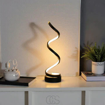 Spiral table lamp product view with dimensions and material details in metal stylish table lamp