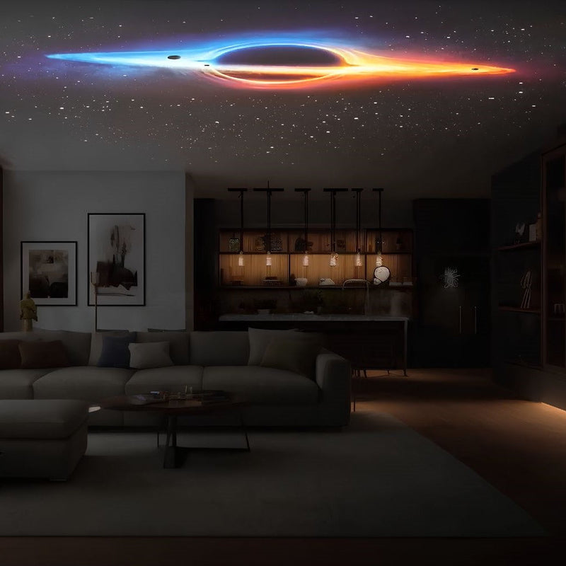 Galaxy Star Projector Lamp illuminating a bedroom ceiling with colourful cosmos projection galaxy projector night light