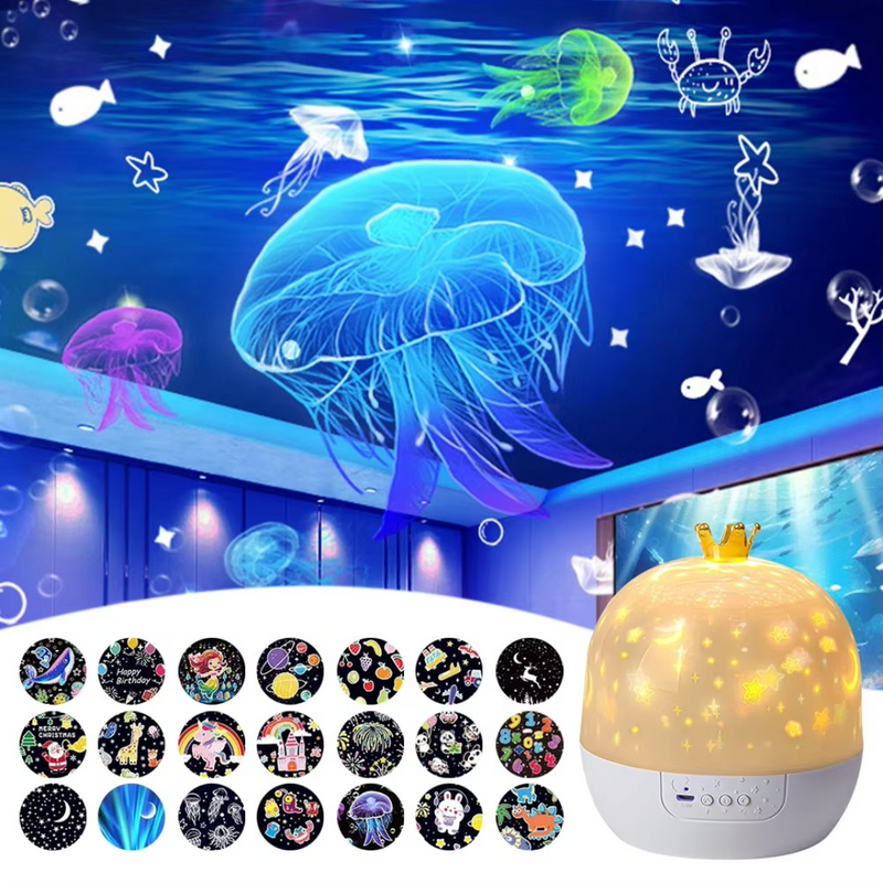 Kids star projector night light 2-in-1 overview with starry sky projection in a children's room