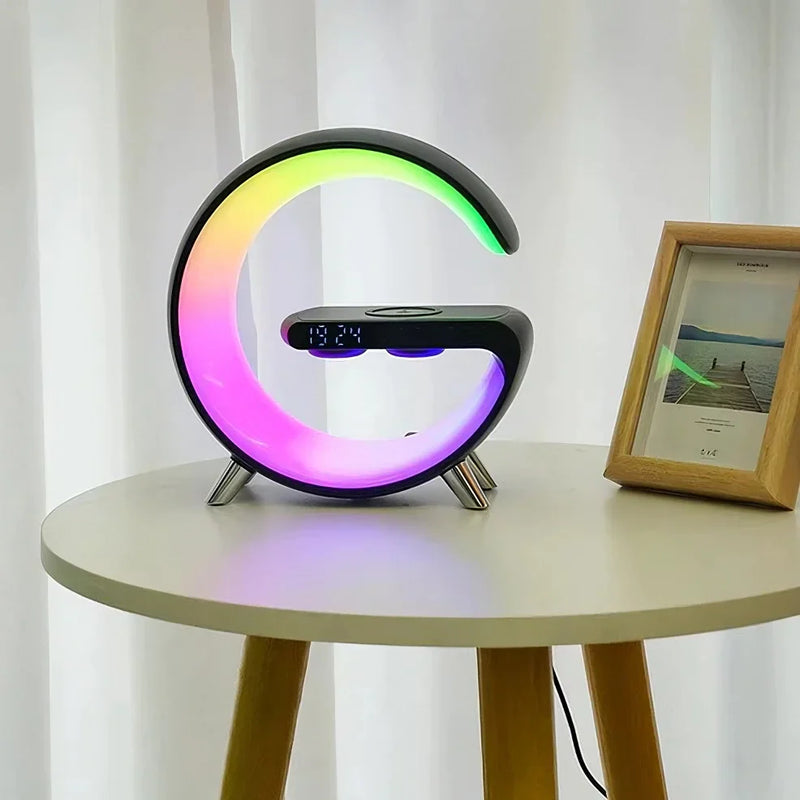 Bluetooth alarm clock with ambient lighting, wireless charging bedside mood light