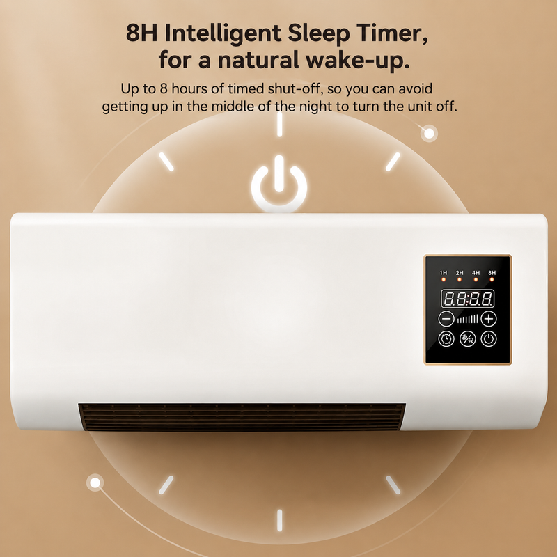 Aerotherm Fan Heater mounted on a wall with its digital control panel and 8 hour sleep timer, 2 in 1 fan heater UK